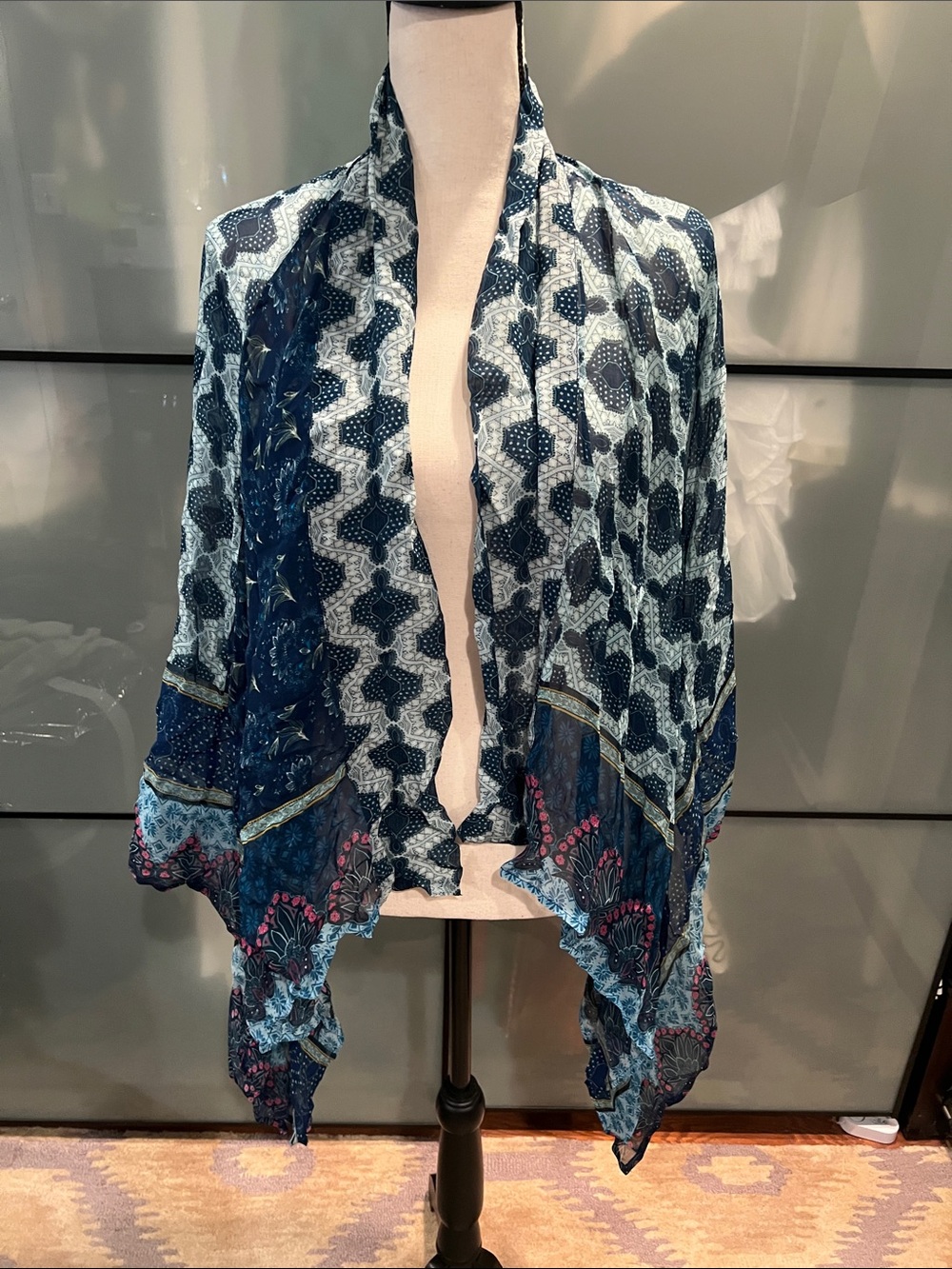 Anthropologie Navy Blue Patterned Open Front Kimono